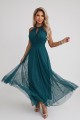 Elegancka sukienka wieczorowa maxi halter z tiulem i wiązaniem w talii - zielona
