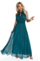 Elegancka sukienka wieczorowa maxi halter z tiulem i wiązaniem w talii - zielona