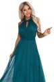 Elegancka sukienka wieczorowa maxi halter z tiulem i wiązaniem w talii - zielona