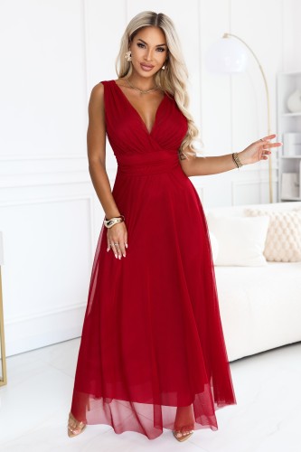 687-2 Elegancka sukienka maxi z kopertowym dekoltem i odkrytymi plecami - jasne bordo-1 8411 