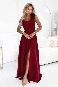 643-9 Elegancka wieczorowa suknia maxi z rozcięciem i różami - bordowa