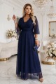 654-7 Długa połyskująca sukienka plus size z dekoltem i transparentnym rękawkiem - granatowa-1 8439 