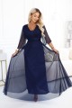 654-7 Długa połyskująca sukienka plus size z dekoltem i transparentnym rękawkiem - granatowa-3 8439 