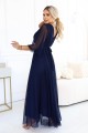 654-7 Długa połyskująca sukienka plus size z dekoltem i transparentnym rękawkiem - granatowa-4 8439 