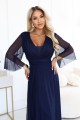654-7 Długa połyskująca sukienka plus size z dekoltem i transparentnym rękawkiem - granatowa-5 8439 