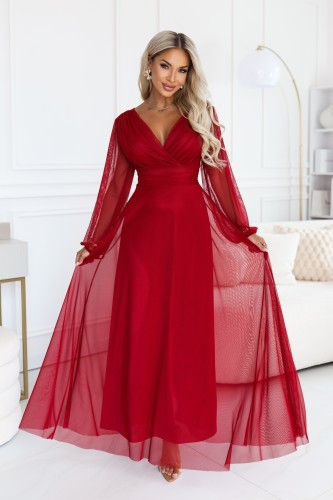 684-1 NERISSA elegancka tiulowa sukienka maxi z kopertowym dekoltem - jasne bordo-1 8444 