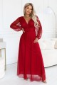 684-1 NERISSA elegancka tiulowa sukienka maxi z kopertowym dekoltem - jasne bordo-3 8444 