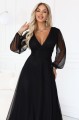 684-4 NERISSA elegancka tiulowa sukienka maxi z kopertowym dekoltem - czarna-8 8446 