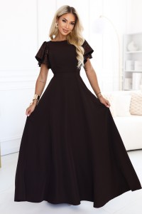 694-2 MIRELLA Elegancka rozkloszowana sukienka maxi z cekinowymi rękawami - czekoladowy brąz