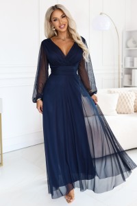 684-3 NERISSA elegancka tiulowa sukienka maxi z kopertowym dekoltem - granatowa