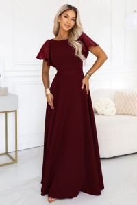 694-3 MIRELLA Elegancka rozkloszowana sukienka maxi z cekinowymi rękawami - bordowa