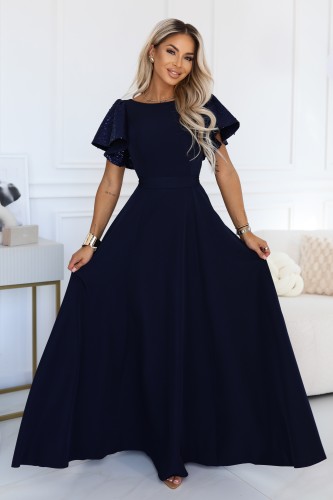 694-4 MIRELLA Elegancka rozkloszowana sukienka maxi z cekinowymi rękawkami - granatowa-1 8470 