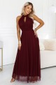 Elegancka sukienka wieczorowa maxi z dekoltem halter tiulowa z wiązaniem w talii - bordowa