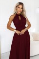 662-5 Elegancka sukienka wieczorowa maxi halter z tiulem i wiązaniem w talii - bordowa-2 8506 