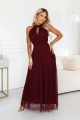 Elegancka sukienka wieczorowa maxi z dekoltem halter tiulowa z wiązaniem w talii - bordowa