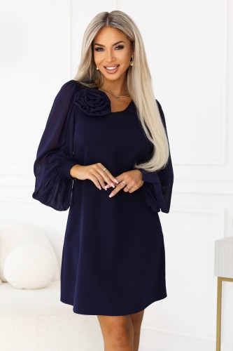 699-1 NELIA Trapezowa sukienka z różą i transparentnymi rękawami - granatowa-1 8508 